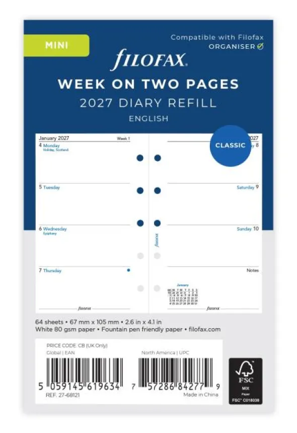 Kalender Filofax dagbok Mini 2027 v/u Engelsk ( 6,7x10,5cm)