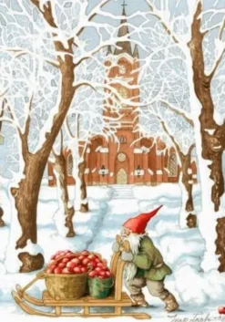 Vykort Inge Löök "Tomte med äpple på släde"